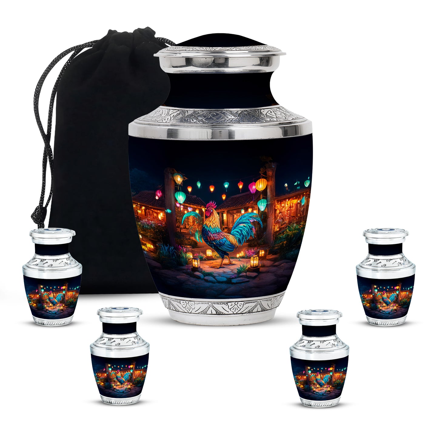 Dark Black Hen Cremation Urn lifestyle display on memorial shelf - stylized abstract hen pattern with bold lines - memorial set with one large and four small urns