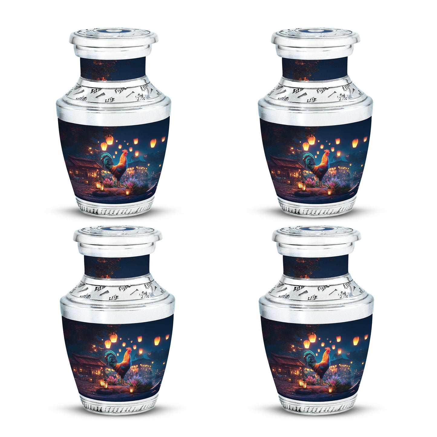 Powder Blue Hen Cremation Urn back view with polished surface - modern art-inspired hen motif on sleek aluminum - 10 inch aluminum urn for cremated remains