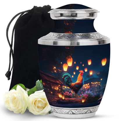 Celestial Blue Hen Cremation Urn side profile showing urn shape - modern art-inspired hen motif on sleek aluminum - full-size 10 inch 200 cubic inch adult cremation urn