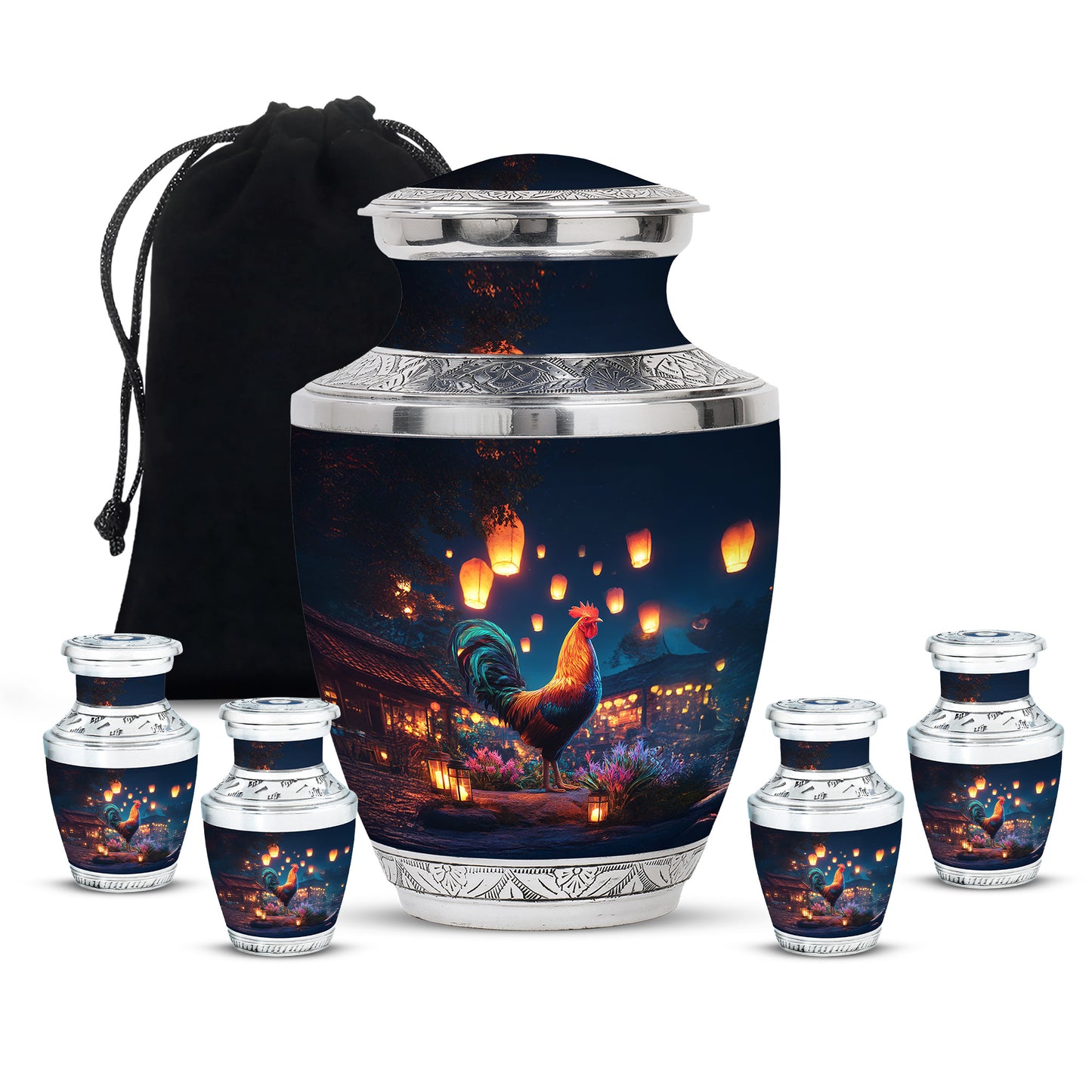 Slate Blue Hen Cremation Urn lifestyle display on memorial shelf - contemporary hen design with modern artistic flair - memorial set with one large and four small urns