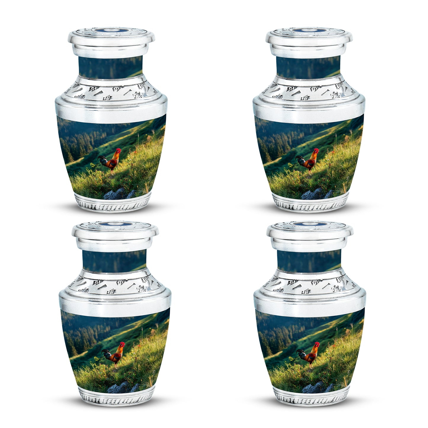 Cobalt Blue Hen Cremation Urn back view with polished surface - stylized abstract hen pattern with bold lines - 10 inch aluminum urn for cremated remains