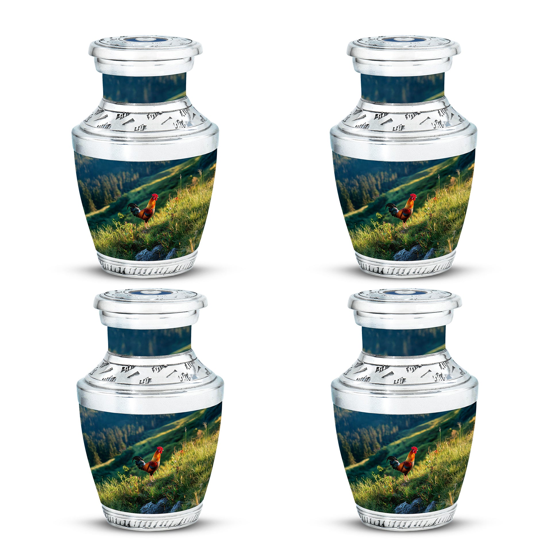 Cobalt Blue Hen Cremation Urn back view with polished surface - stylized abstract hen pattern with bold lines - 10 inch aluminum urn for cremated remains