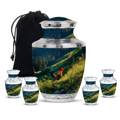 Soft Blue Hen Cremation Urn lifestyle display on memorial shelf - artistic hen interpretation with creative detail - memorial set with one large and four small urns