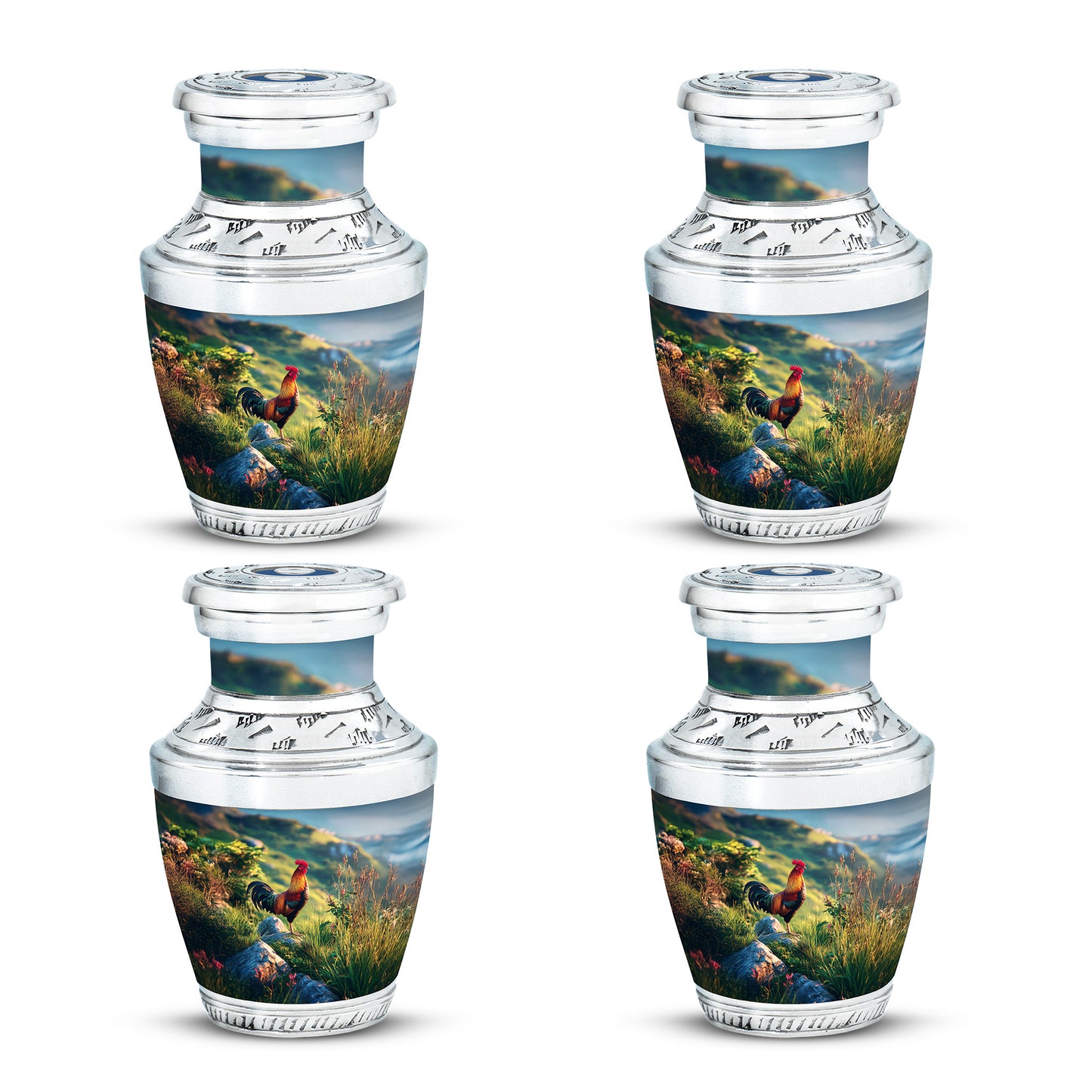 Indigo Hen Cremation Urn back view with polished surface - modern art-inspired hen motif on sleek aluminum - 10 inch aluminum urn for cremated remains
