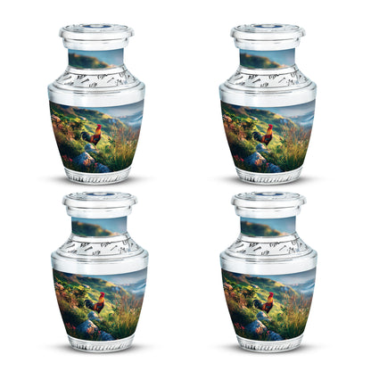 Indigo Hen Cremation Urn back view with polished surface - modern art-inspired hen motif on sleek aluminum - 10 inch aluminum urn for cremated remains