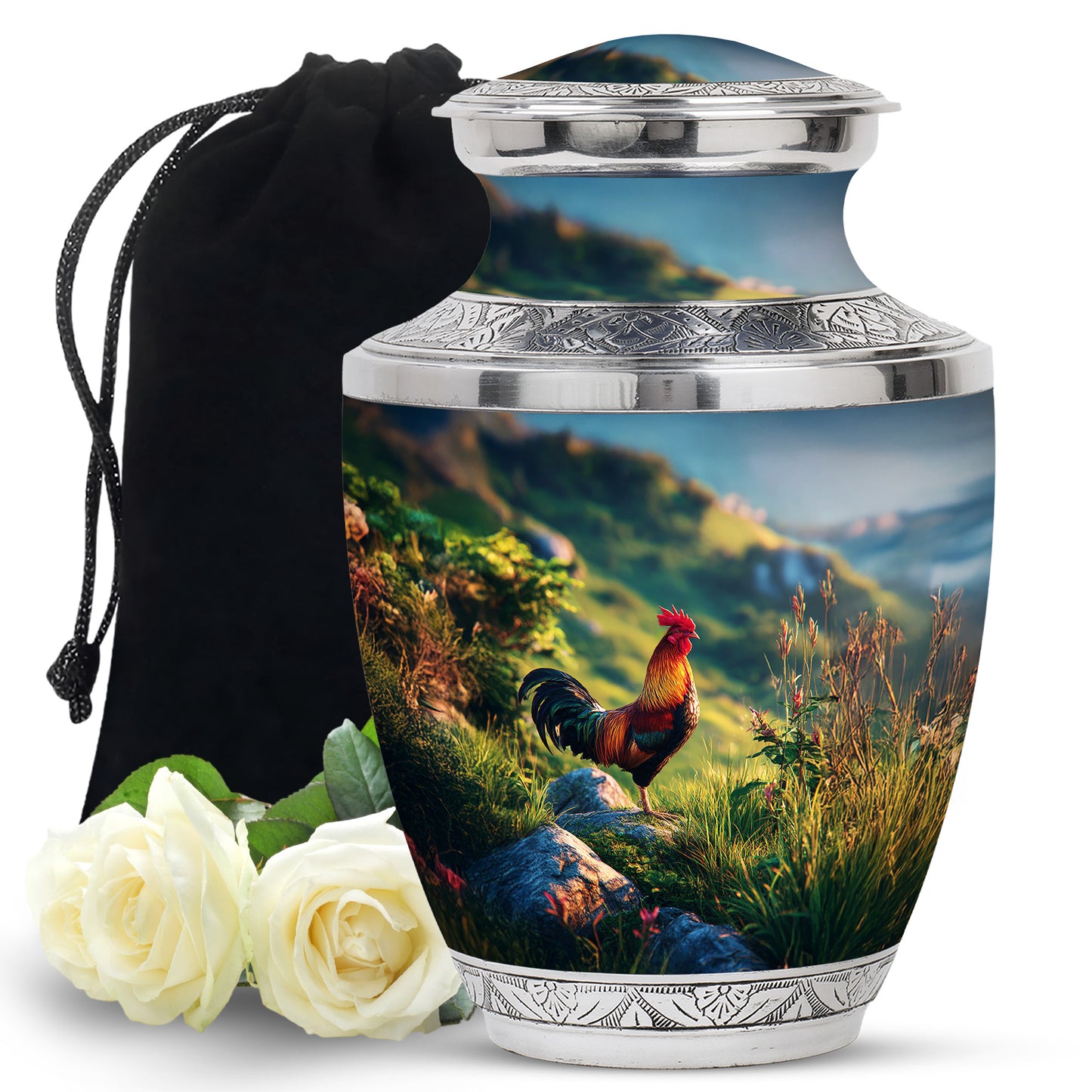 Twilight Blue Hen Cremation Urn side profile showing urn shape - stylized abstract hen pattern with bold lines - full-size 10 inch 200 cubic inch adult cremation urn