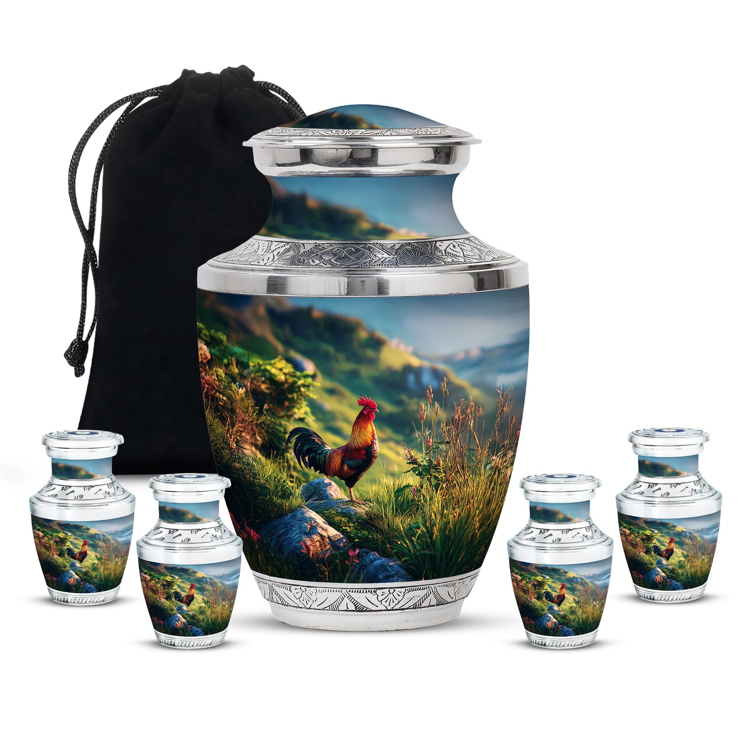Cobalt Blue Hen Cremation Urn lifestyle display on memorial shelf - artistic hen interpretation with creative detail - memorial set with one large and four small urns