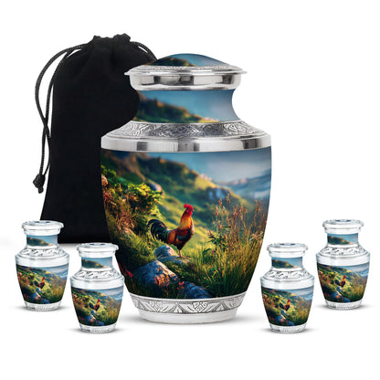 Cobalt Blue Hen Cremation Urn lifestyle display on memorial shelf - artistic hen interpretation with creative detail - memorial set with one large and four small urns