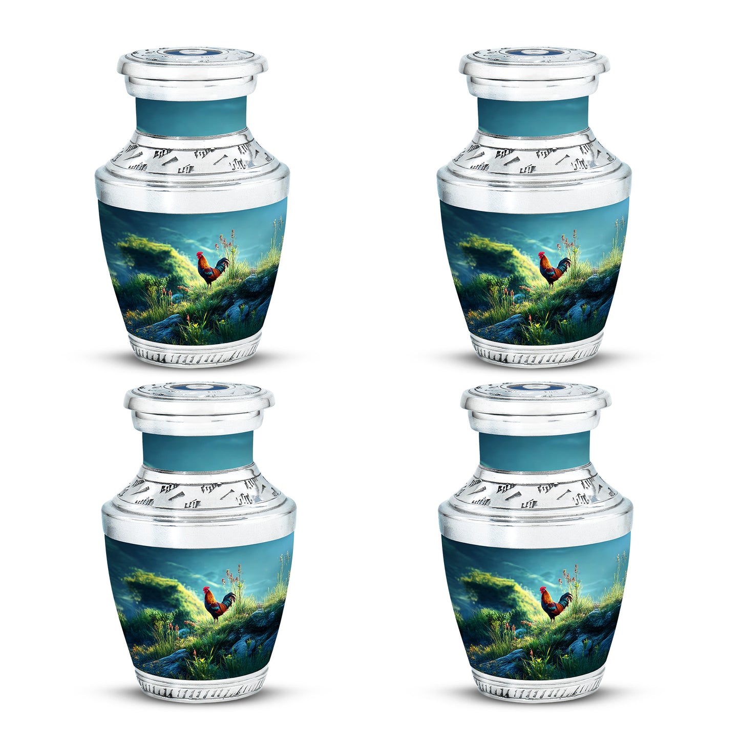 Ocean Teal Hen Cremation Urn back view with polished surface - contemporary hen design with modern artistic flair - 10 inch aluminum urn for cremated remains