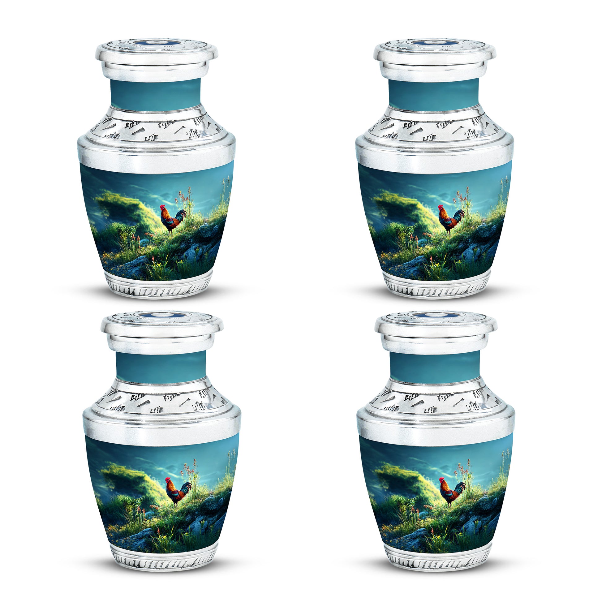 Ocean Teal Hen Cremation Urn back view with polished surface - contemporary hen design with modern artistic flair - 10 inch aluminum urn for cremated remains