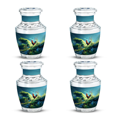 Ocean Teal Hen Cremation Urn back view with polished surface - contemporary hen design with modern artistic flair - 10 inch aluminum urn for cremated remains