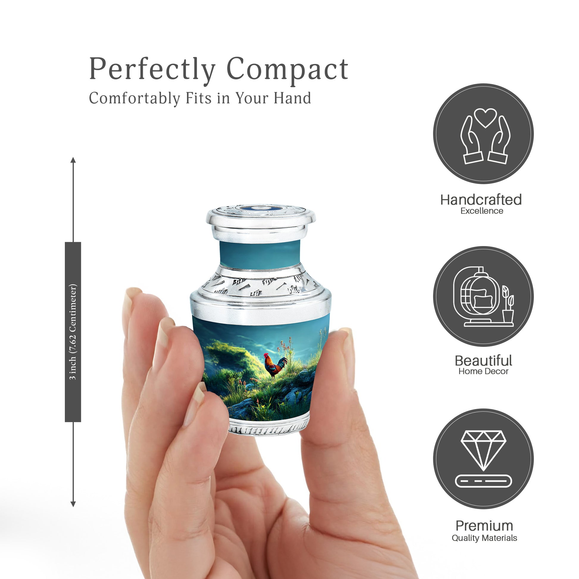 Aqua Teal Hen Cremation Urn top-down view of secure threaded lid - artistic hen interpretation with creative detail - mini keepsake memorial for portion of cremation ashes