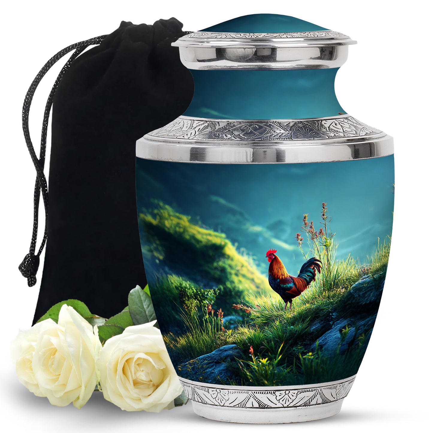 Soft Teal Hen Cremation Urn side profile showing urn shape - modern art-inspired hen motif on sleek aluminum - full-size 10 inch 200 cubic inch adult cremation urn