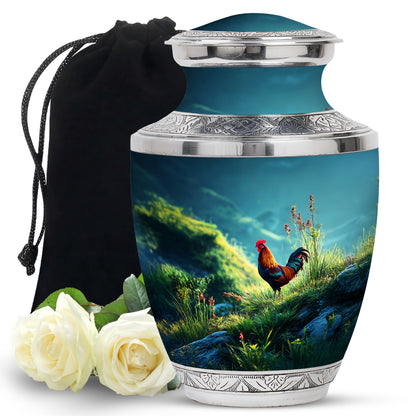 Soft Teal Hen Cremation Urn side profile showing urn shape - modern art-inspired hen motif on sleek aluminum - full-size 10 inch 200 cubic inch adult cremation urn