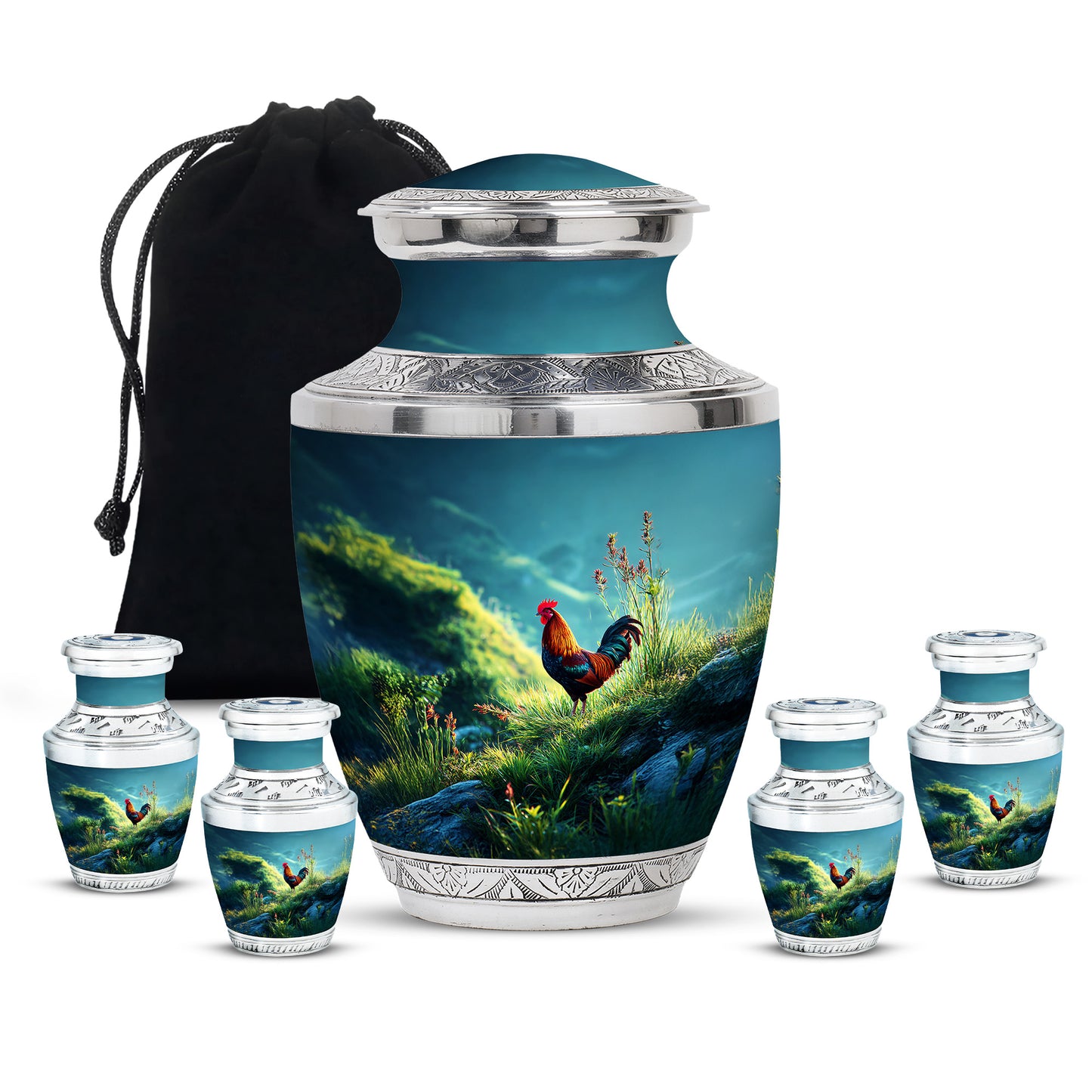 Cool Teal Hen Cremation Urn lifestyle display on memorial shelf - contemporary hen design with modern artistic flair - memorial set with one large and four small urns