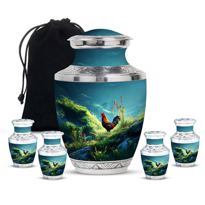 Cool Teal Hen Cremation Urn lifestyle display on memorial shelf - contemporary hen design with modern artistic flair - memorial set with one large and four small urns