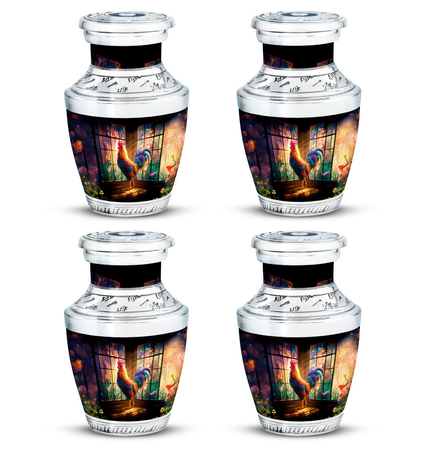 Charcoal Black Hen Cremation Urn back view with polished surface - stylized abstract hen pattern with bold lines - 10 inch aluminum urn for cremated remains