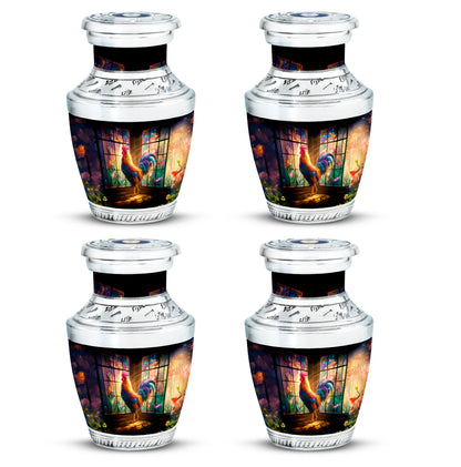 Charcoal Black Hen Cremation Urn back view with polished surface - stylized abstract hen pattern with bold lines - 10 inch aluminum urn for cremated remains