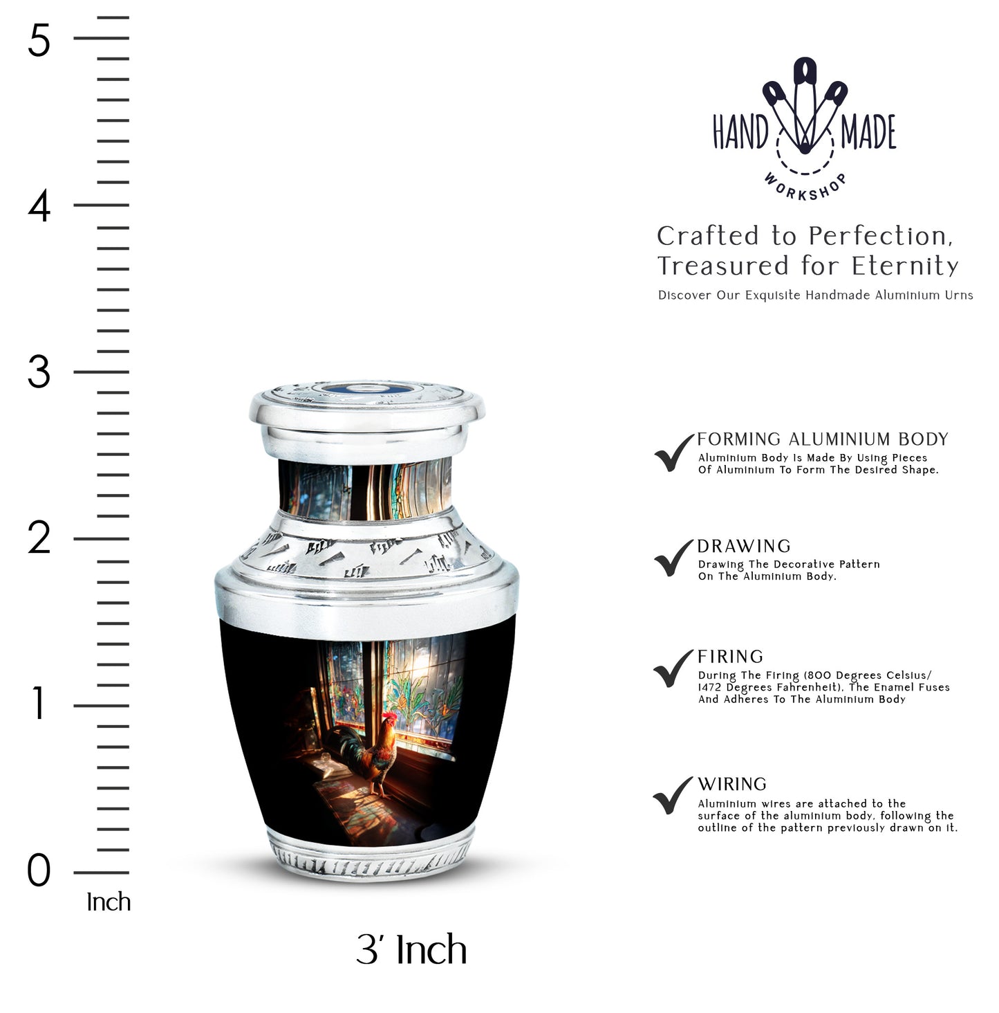 Obsidian Black Hen Cremation Urn top-down view of secure threaded lid - stylized abstract hen pattern with bold lines - mini keepsake memorial for portion of cremation ashes