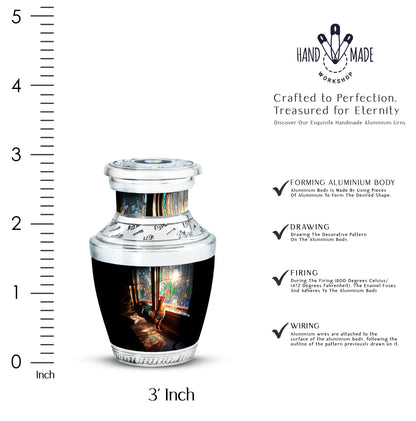 Obsidian Black Hen Cremation Urn top-down view of secure threaded lid - stylized abstract hen pattern with bold lines - mini keepsake memorial for portion of cremation ashes