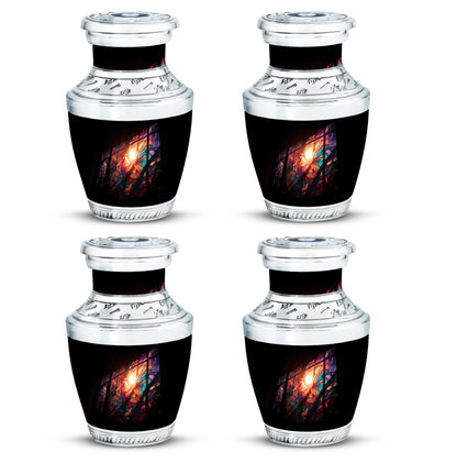 Onyx Black Hen Cremation Urn back view with polished surface - stylized abstract hen pattern with bold lines - 10 inch aluminum urn for cremated remains