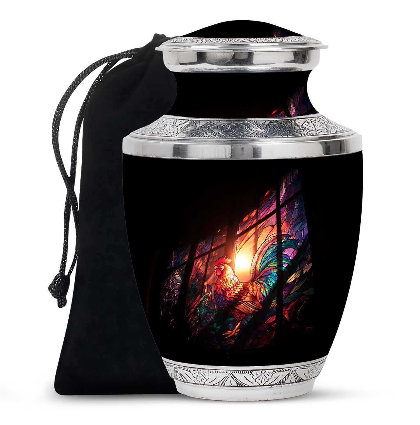 Onyx Black Hen Cremation Urn side profile showing urn shape - stylized abstract hen pattern with bold lines - full-size 10 inch 200 cubic inch adult cremation urn