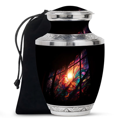 Onyx Black Hen Cremation Urn side profile showing urn shape - stylized abstract hen pattern with bold lines - full-size 10 inch 200 cubic inch adult cremation urn
