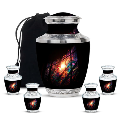 Rich Black Hen Cremation Urn lifestyle display on memorial shelf - contemporary hen design with modern artistic flair - memorial set with one large and four small urns
