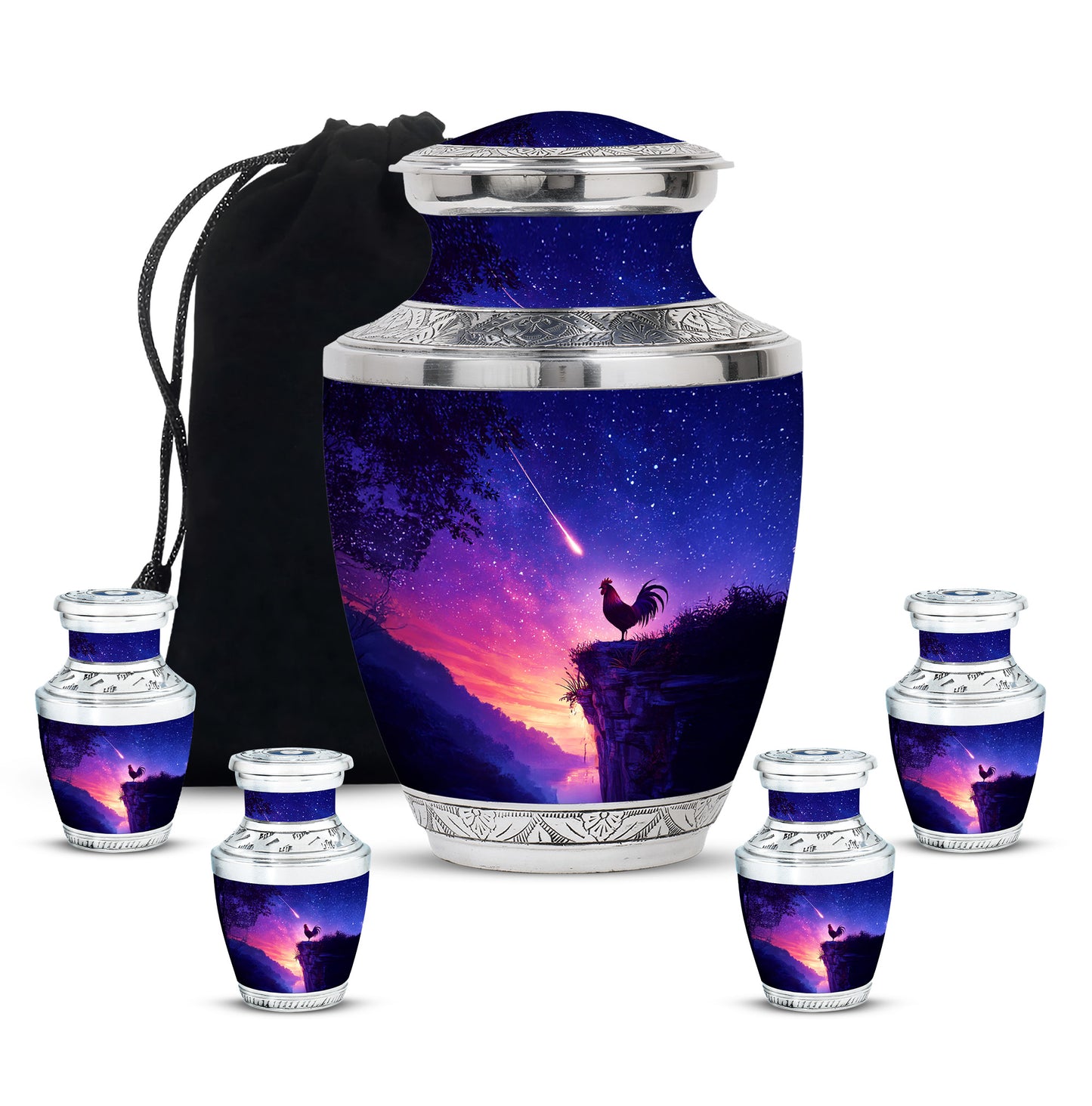Twilight Blue Hen Cremation Urn lifestyle display on memorial shelf - artistic hen interpretation with creative detail - memorial set with one large and four small urns