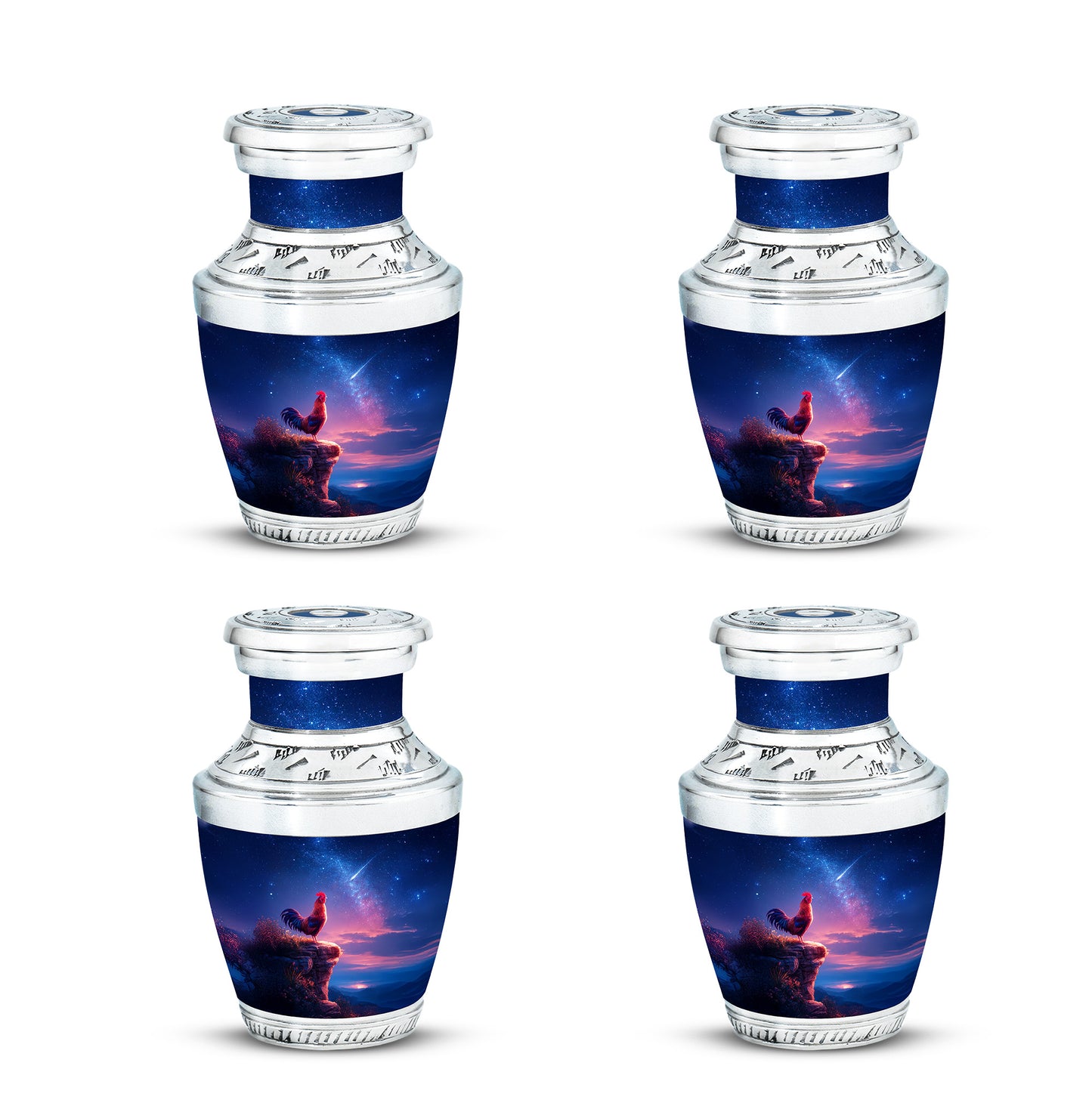 Vivid Blue Hen Cremation Urn back view with polished surface - artistic hen interpretation with creative detail - 10 inch aluminum urn for cremated remains
