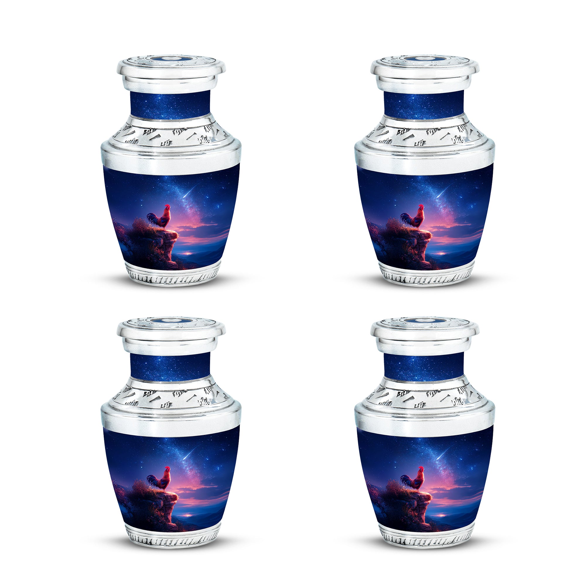 Vivid Blue Hen Cremation Urn back view with polished surface - artistic hen interpretation with creative detail - 10 inch aluminum urn for cremated remains