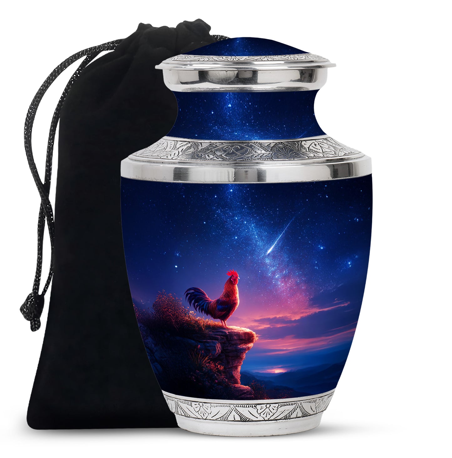 Cornflower Blue Hen Cremation Urn side profile showing urn shape - stylized abstract hen pattern with bold lines - full-size 10 inch 200 cubic inch adult cremation urn
