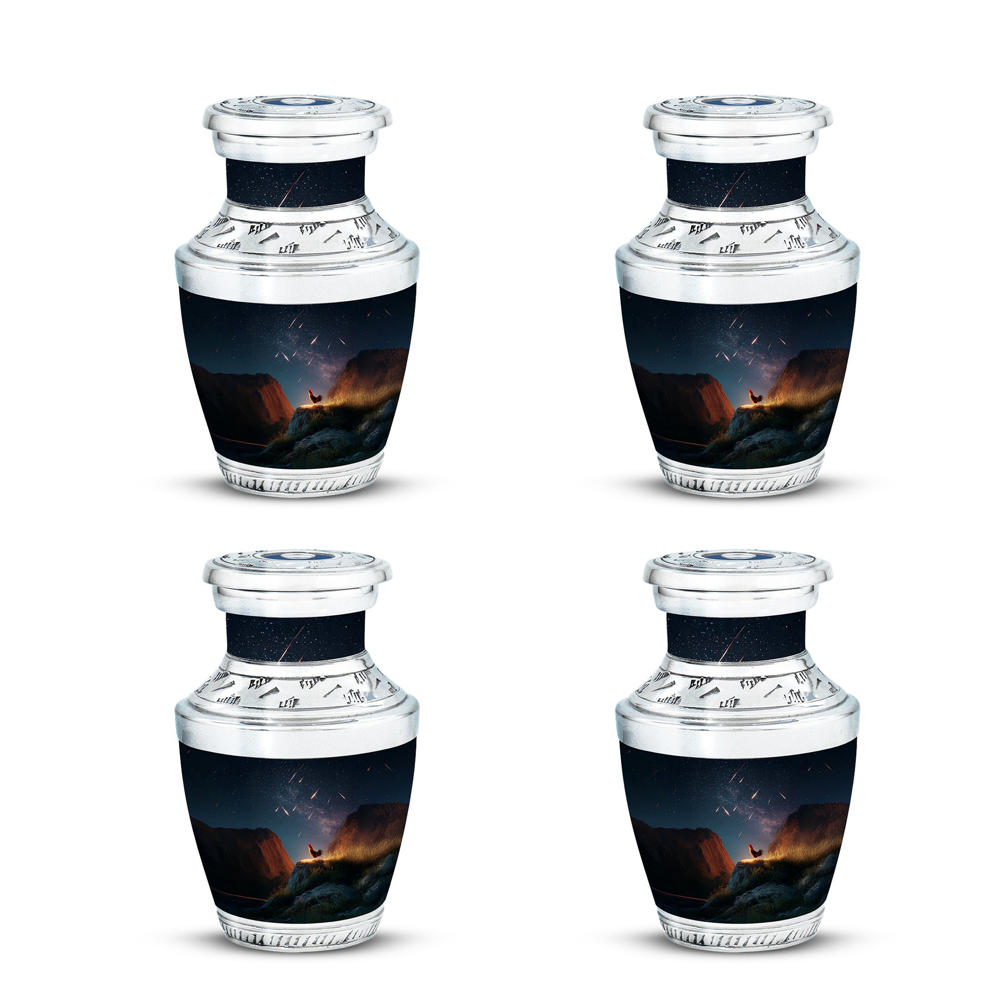 Icy Blue Hen Cremation Urn back view with polished surface - modern art-inspired hen motif on sleek aluminum - 10 inch aluminum urn for cremated remains