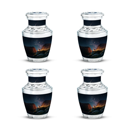 Icy Blue Hen Cremation Urn back view with polished surface - modern art-inspired hen motif on sleek aluminum - 10 inch aluminum urn for cremated remains