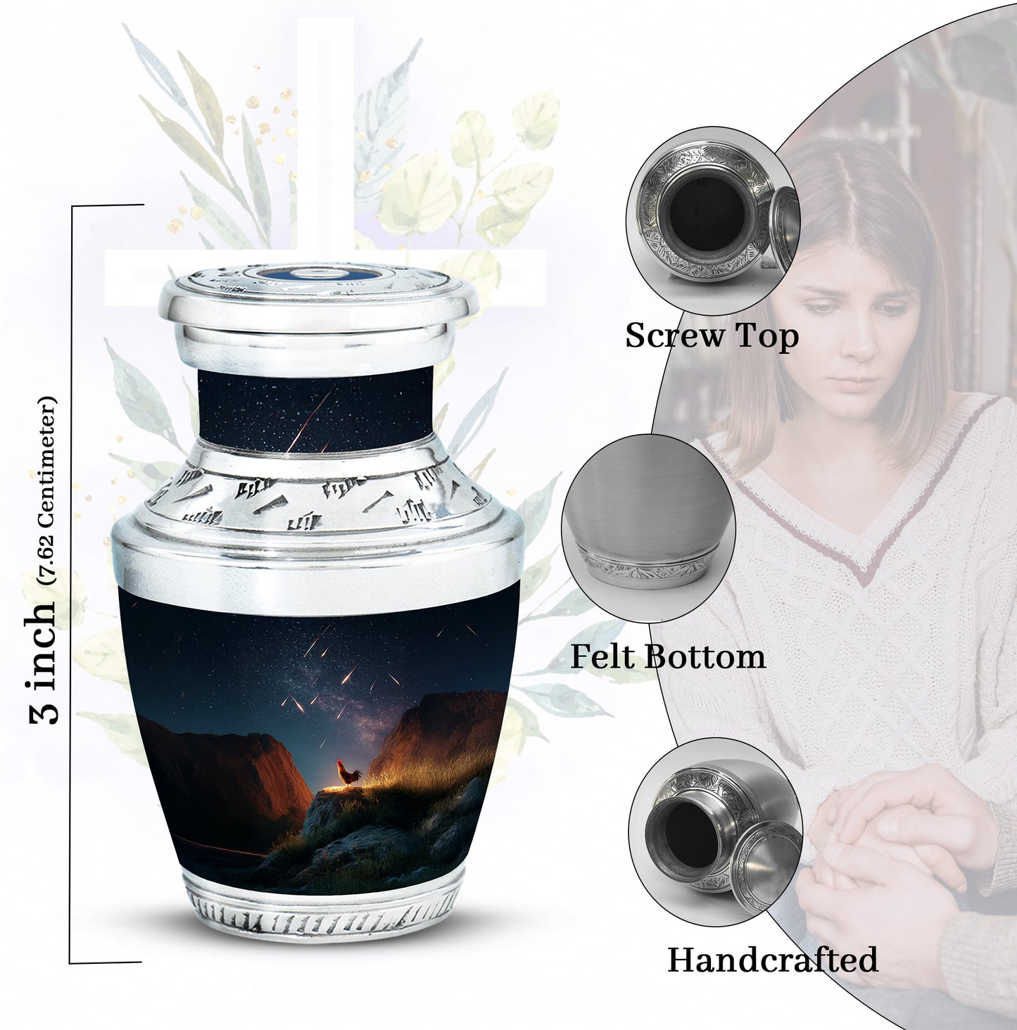Slate Blue Hen Cremation Urn top-down view of secure threaded lid - modern art-inspired hen motif on sleek aluminum - mini keepsake memorial for portion of cremation ashes