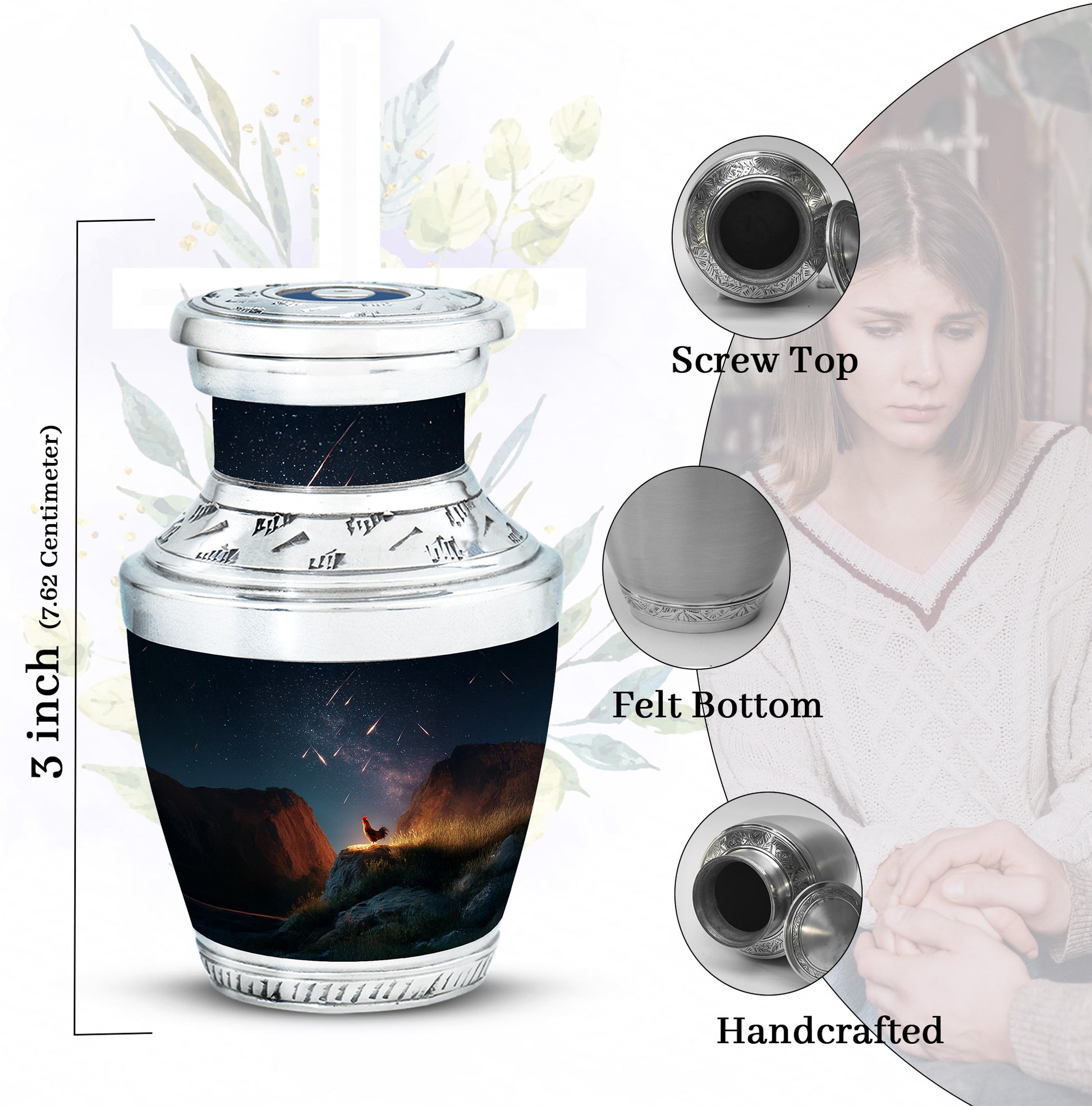 Slate Blue Hen Cremation Urn top-down view of secure threaded lid - modern art-inspired hen motif on sleek aluminum - mini keepsake memorial for portion of cremation ashes