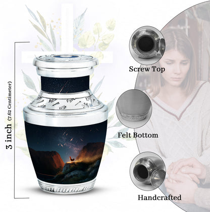 Slate Blue Hen Cremation Urn top-down view of secure threaded lid - modern art-inspired hen motif on sleek aluminum - mini keepsake memorial for portion of cremation ashes