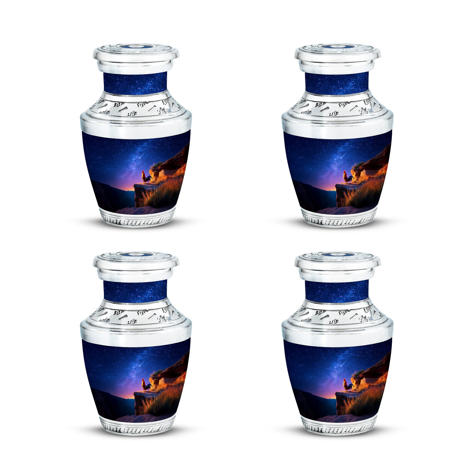 Icy Blue Hen Cremation Urn back view with polished surface - contemporary hen design with modern artistic flair - 10 inch aluminum urn for cremated remains