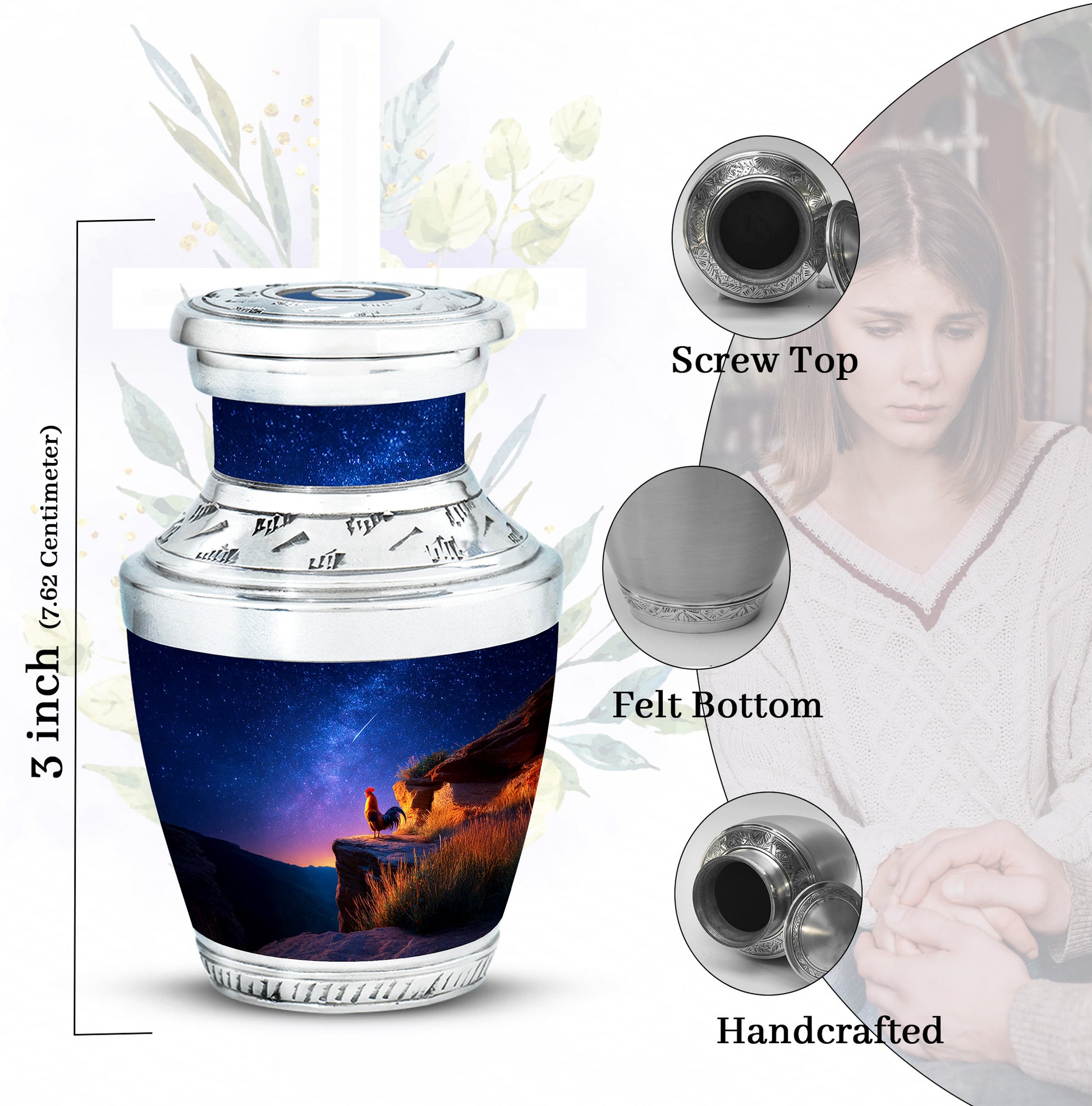 Dusty Blue Hen Cremation Urn top-down view of secure threaded lid - modern art-inspired hen motif on sleek aluminum - mini keepsake memorial for portion of cremation ashes