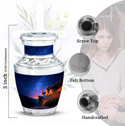 Dusty Blue Hen Cremation Urn top-down view of secure threaded lid - modern art-inspired hen motif on sleek aluminum - mini keepsake memorial for portion of cremation ashes