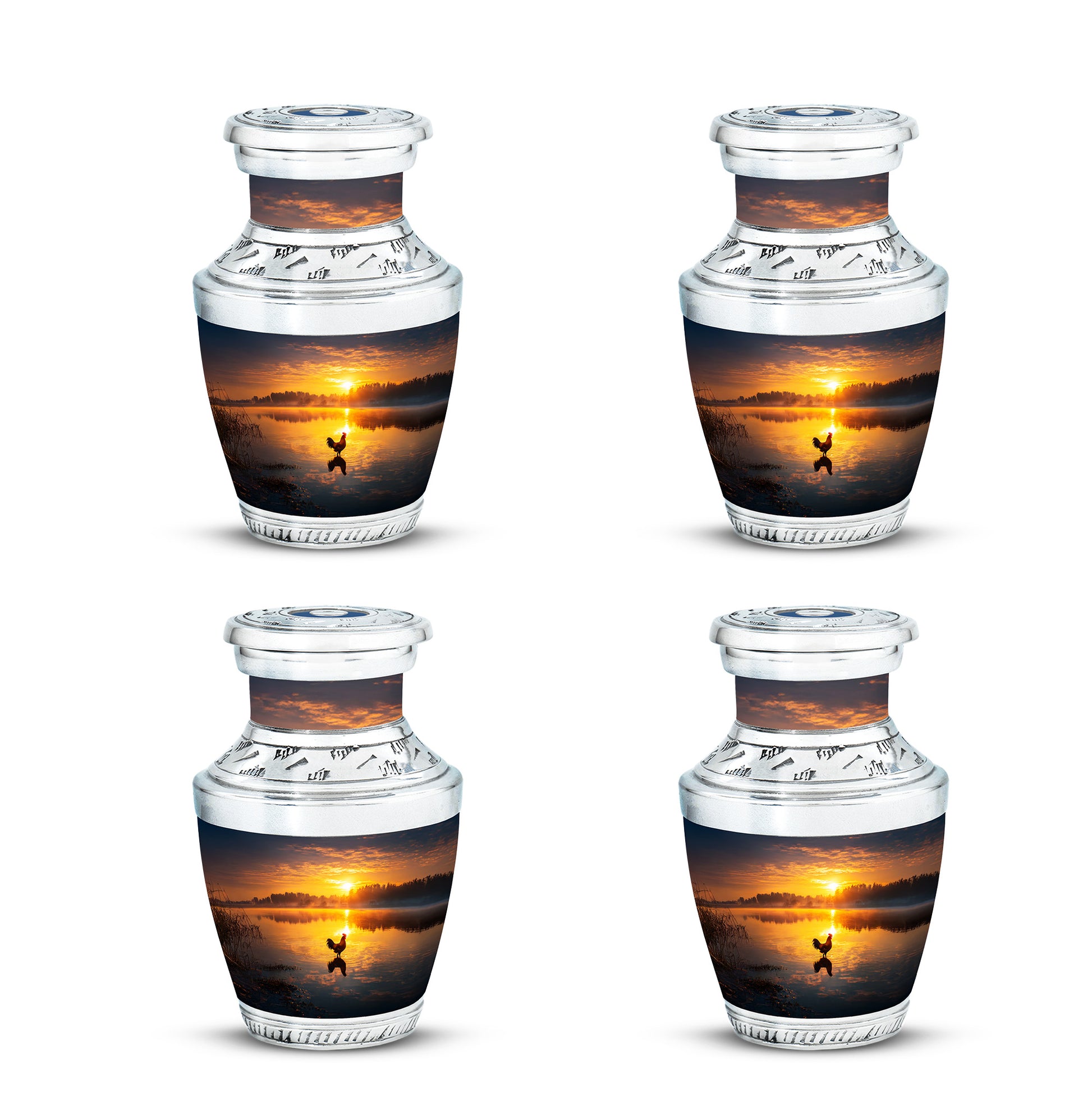 Obsidian Black Hen Cremation Urn back view with polished surface - stylized abstract hen pattern with bold lines - 10 inch aluminum urn for cremated remains