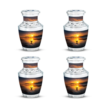 Obsidian Black Hen Cremation Urn back view with polished surface - stylized abstract hen pattern with bold lines - 10 inch aluminum urn for cremated remains