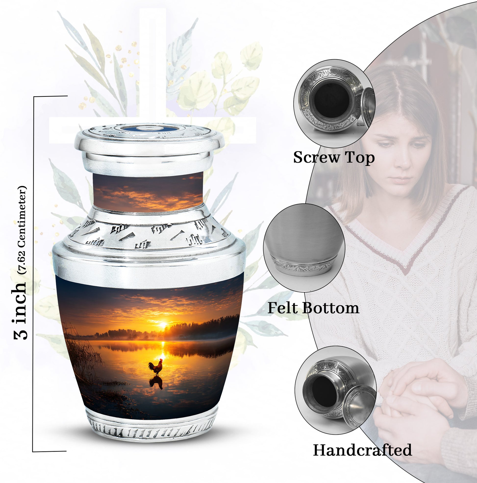 Onyx Black Hen Cremation Urn top-down view of secure threaded lid - artistic hen interpretation with creative detail - mini keepsake memorial for portion of cremation ashes