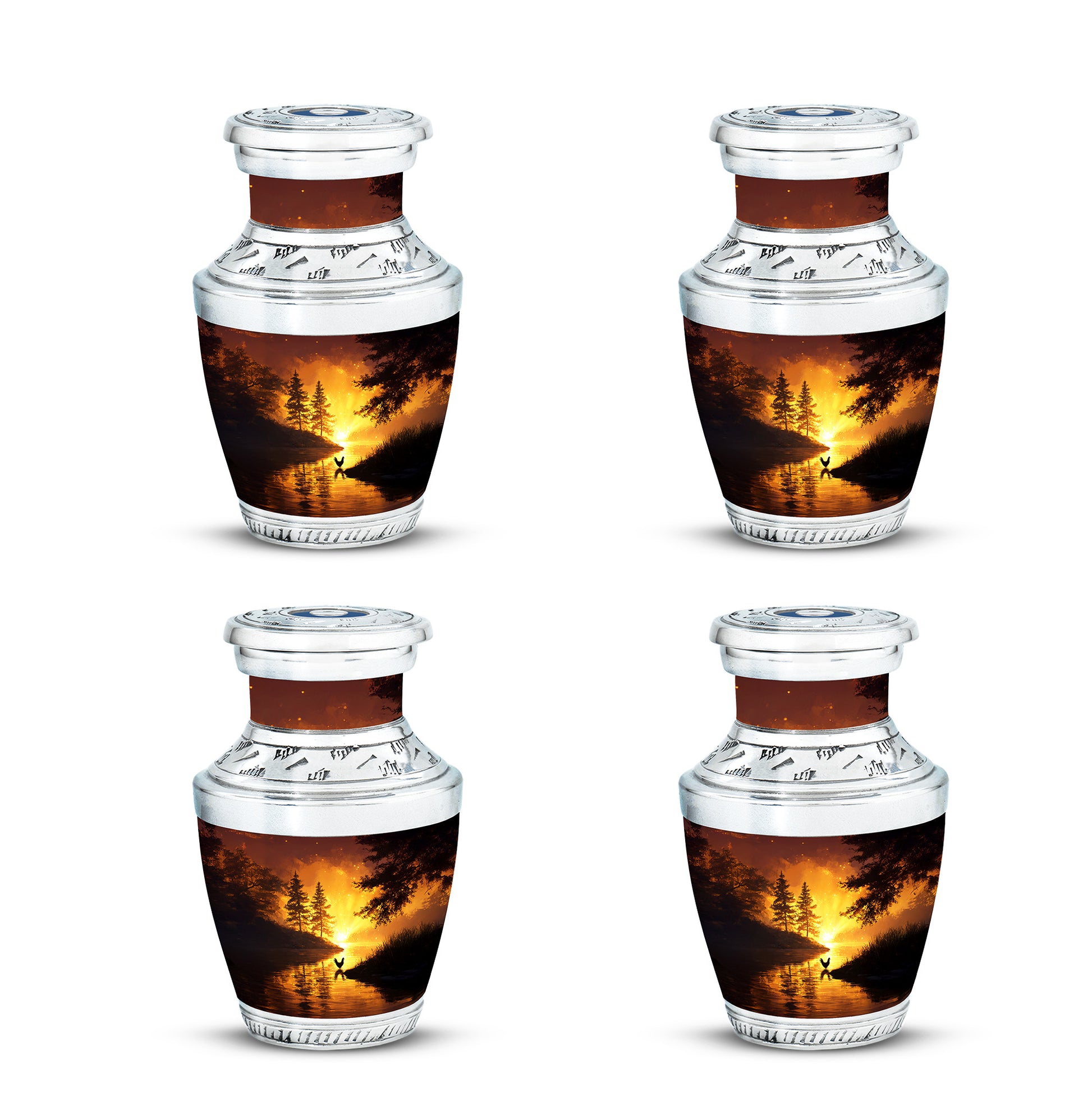 Cherry Red Hen Cremation Urn back view with polished surface - stylized abstract hen pattern with bold lines - 10 inch aluminum urn for cremated remains