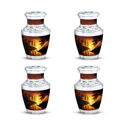 Cherry Red Hen Cremation Urn back view with polished surface - stylized abstract hen pattern with bold lines - 10 inch aluminum urn for cremated remains