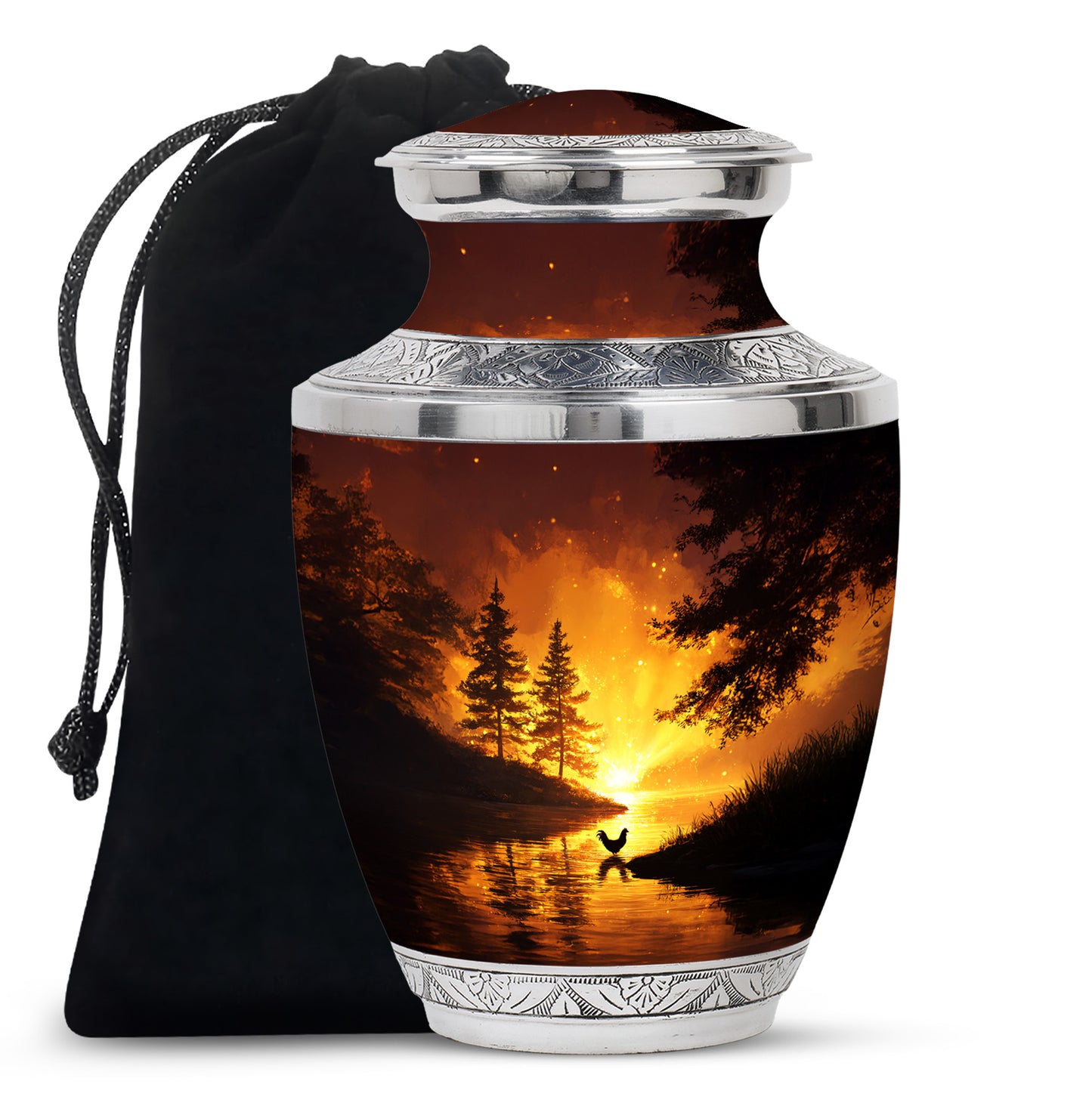 Rich Red Hen Cremation Urn side profile showing urn shape - stylized abstract hen pattern with bold lines - full-size 10 inch 200 cubic inch adult cremation urn