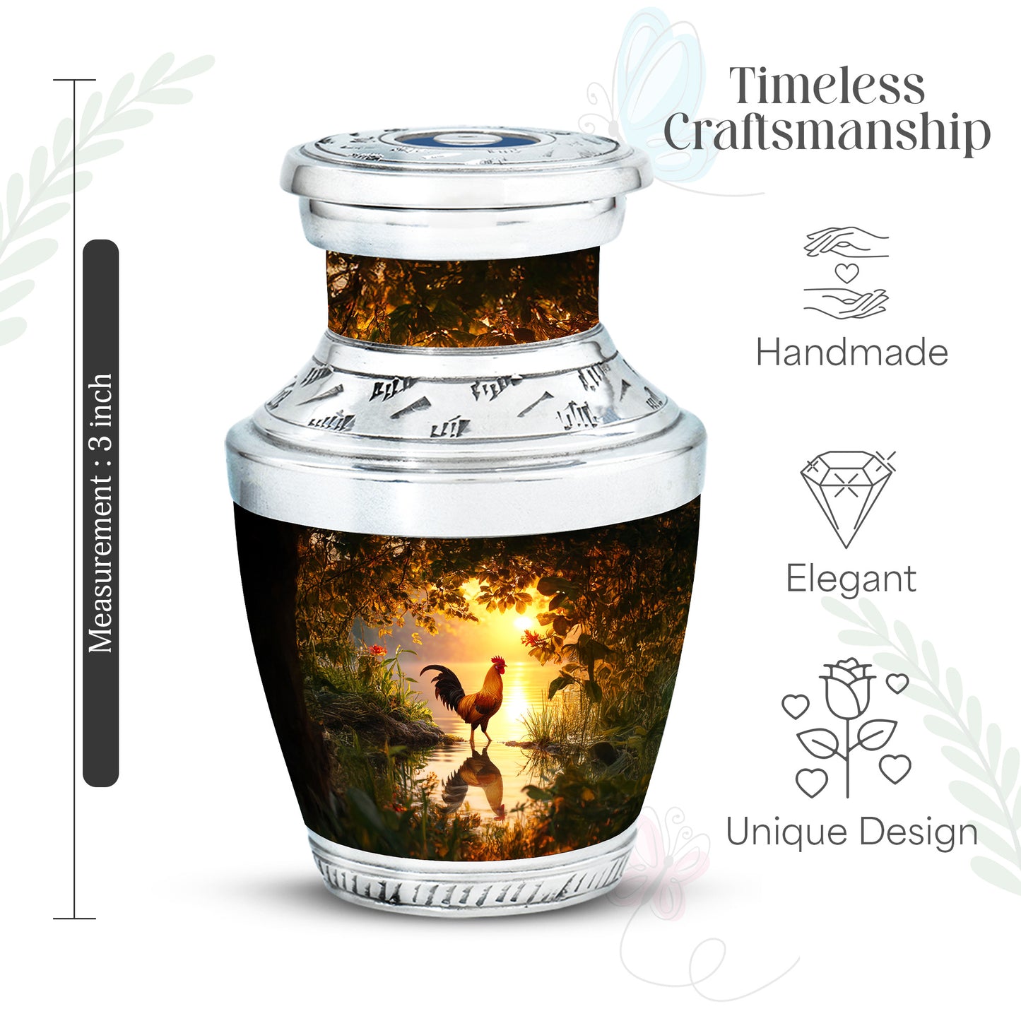 Harvest Gold Hen Cremation Urn top-down view of secure threaded lid - stylized abstract hen pattern with bold lines - mini keepsake memorial for portion of cremation ashes