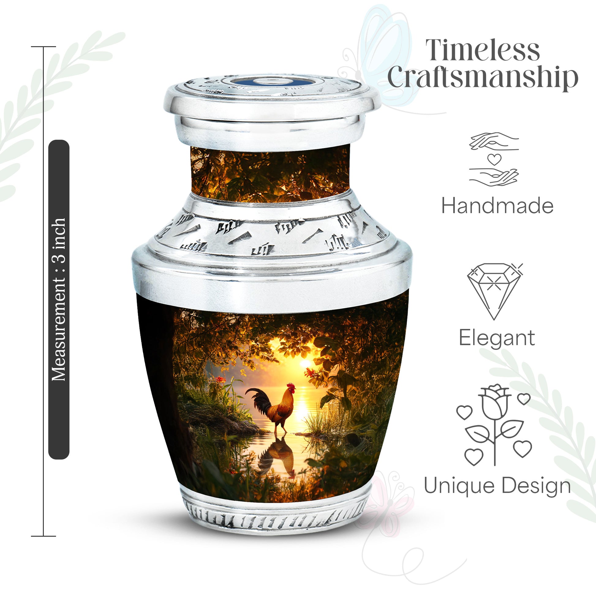 Harvest Gold Hen Cremation Urn top-down view of secure threaded lid - stylized abstract hen pattern with bold lines - mini keepsake memorial for portion of cremation ashes