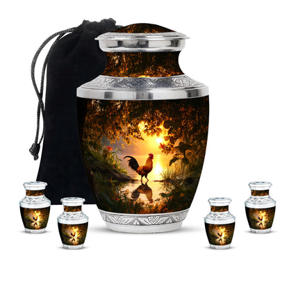Sunrise Gold Hen Cremation Urn lifestyle display on memorial shelf - contemporary hen design with modern artistic flair - memorial set with one large and four small urns