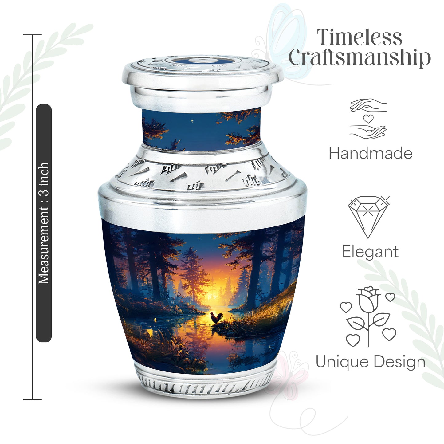 Azure Hen Cremation Urn top-down view of secure threaded lid - modern art-inspired hen motif on sleek aluminum - mini keepsake memorial for portion of cremation ashes